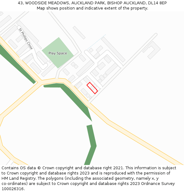 43, WOODSIDE MEADOWS, AUCKLAND PARK, BISHOP AUCKLAND, DL14 8EP: Location map and indicative extent of plot