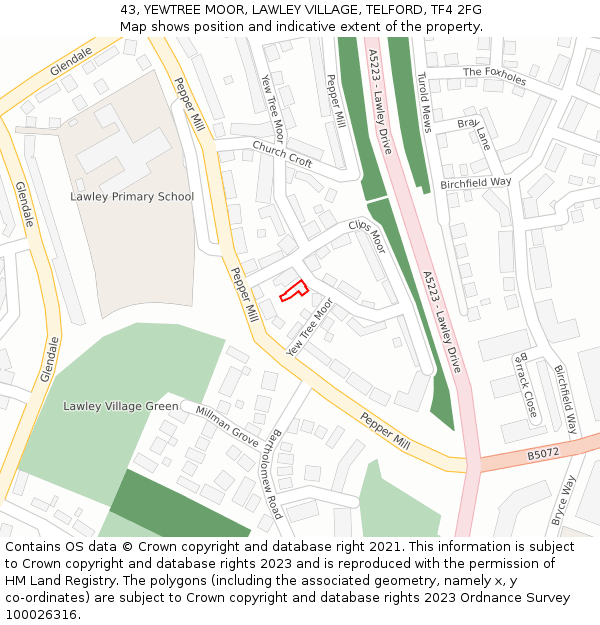 43, YEWTREE MOOR, LAWLEY VILLAGE, TELFORD, TF4 2FG: Location map and indicative extent of plot