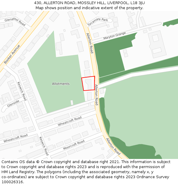 430, ALLERTON ROAD, MOSSLEY HILL, LIVERPOOL, L18 3JU: Location map and indicative extent of plot