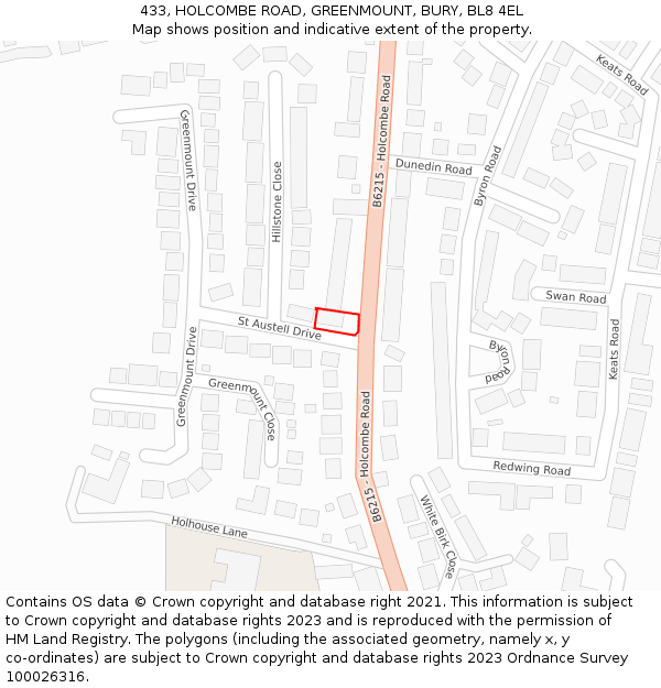 433, HOLCOMBE ROAD, GREENMOUNT, BURY, BL8 4EL: Location map and indicative extent of plot