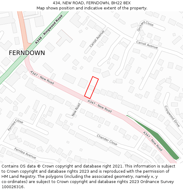 434, NEW ROAD, FERNDOWN, BH22 8EX: Location map and indicative extent of plot