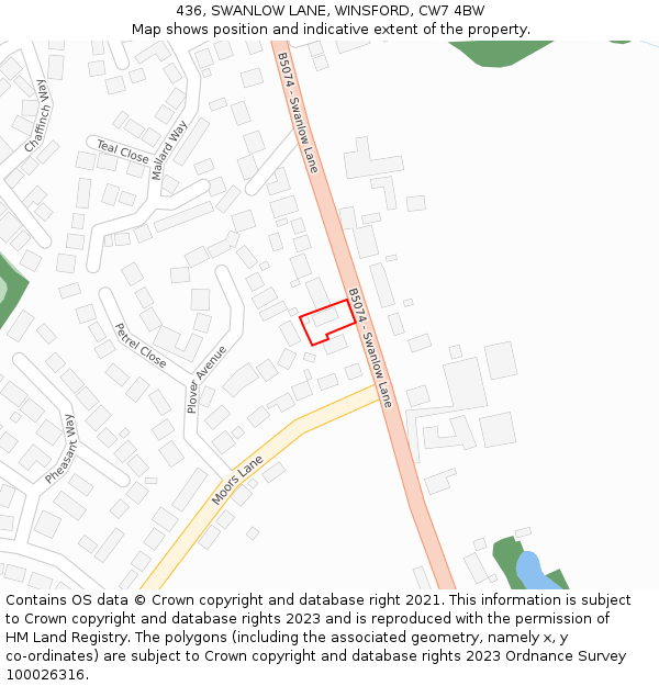 436, SWANLOW LANE, WINSFORD, CW7 4BW: Location map and indicative extent of plot