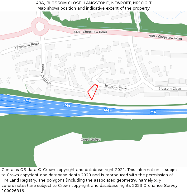 43A, BLOSSOM CLOSE, LANGSTONE, NEWPORT, NP18 2LT: Location map and indicative extent of plot