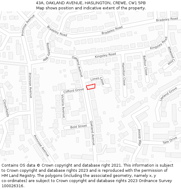 43A, OAKLAND AVENUE, HASLINGTON, CREWE, CW1 5PB: Location map and indicative extent of plot