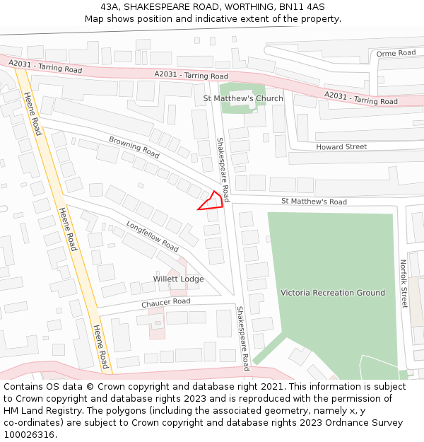 43A, SHAKESPEARE ROAD, WORTHING, BN11 4AS: Location map and indicative extent of plot