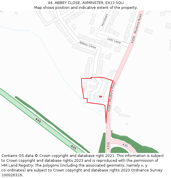 44, ABBEY CLOSE, AXMINSTER, EX13 5QU: Location map and indicative extent of plot