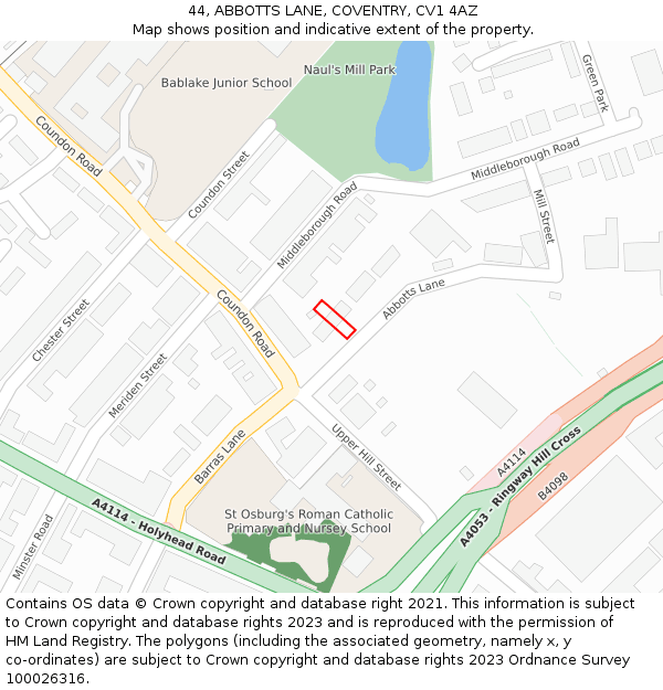 44, ABBOTTS LANE, COVENTRY, CV1 4AZ: Location map and indicative extent of plot