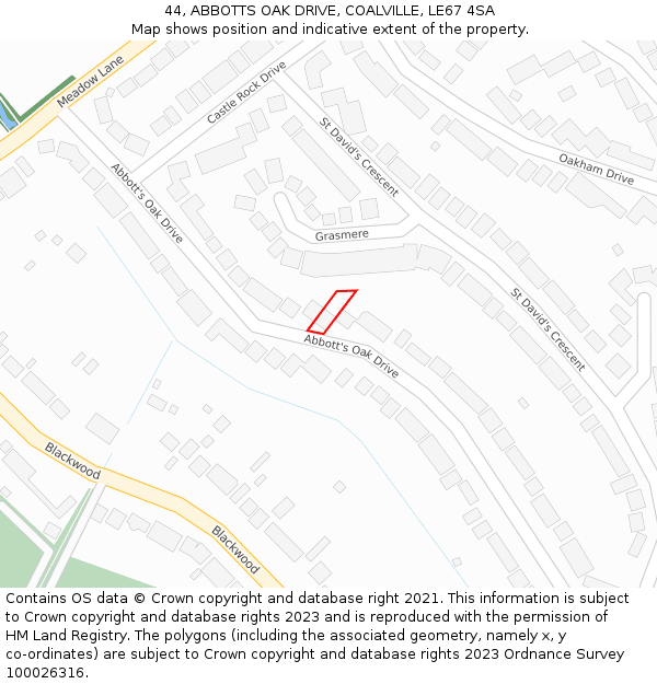 44, ABBOTTS OAK DRIVE, COALVILLE, LE67 4SA: Location map and indicative extent of plot