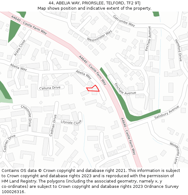 44, ABELIA WAY, PRIORSLEE, TELFORD, TF2 9TJ: Location map and indicative extent of plot