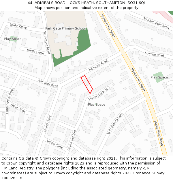 44, ADMIRALS ROAD, LOCKS HEATH, SOUTHAMPTON, SO31 6QL: Location map and indicative extent of plot