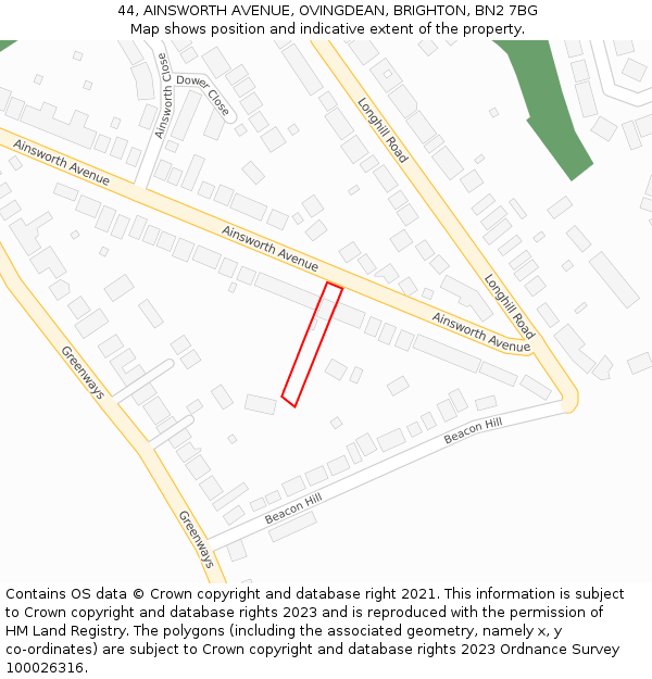 44, AINSWORTH AVENUE, OVINGDEAN, BRIGHTON, BN2 7BG: Location map and indicative extent of plot