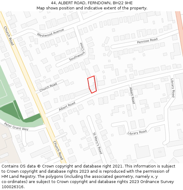 44, ALBERT ROAD, FERNDOWN, BH22 9HE: Location map and indicative extent of plot