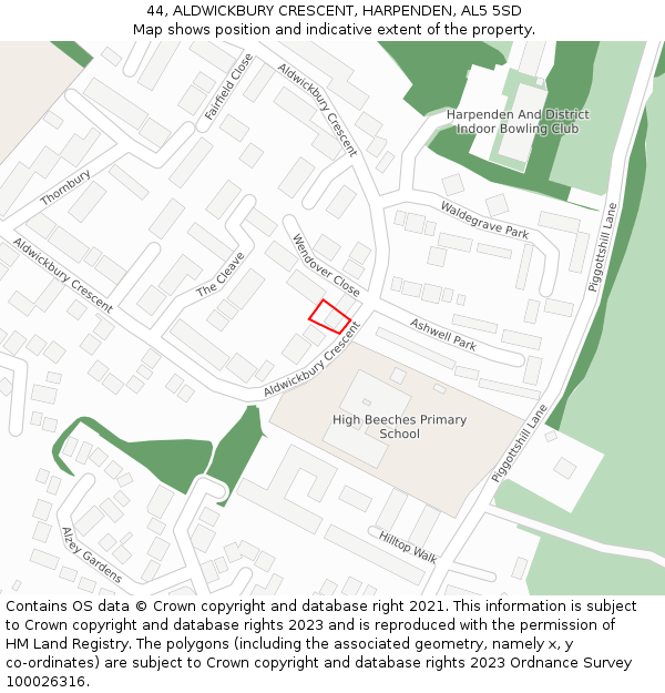 44, ALDWICKBURY CRESCENT, HARPENDEN, AL5 5SD: Location map and indicative extent of plot
