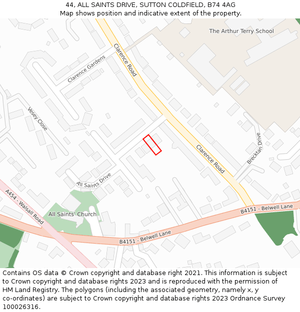 44, ALL SAINTS DRIVE, SUTTON COLDFIELD, B74 4AG: Location map and indicative extent of plot