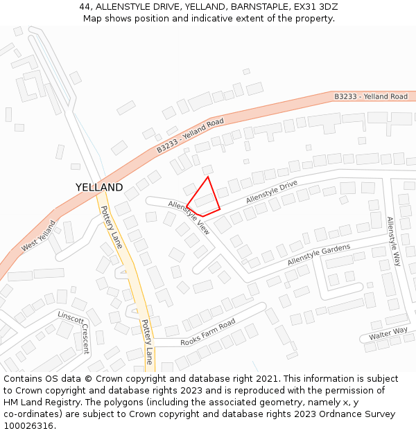 44, ALLENSTYLE DRIVE, YELLAND, BARNSTAPLE, EX31 3DZ: Location map and indicative extent of plot