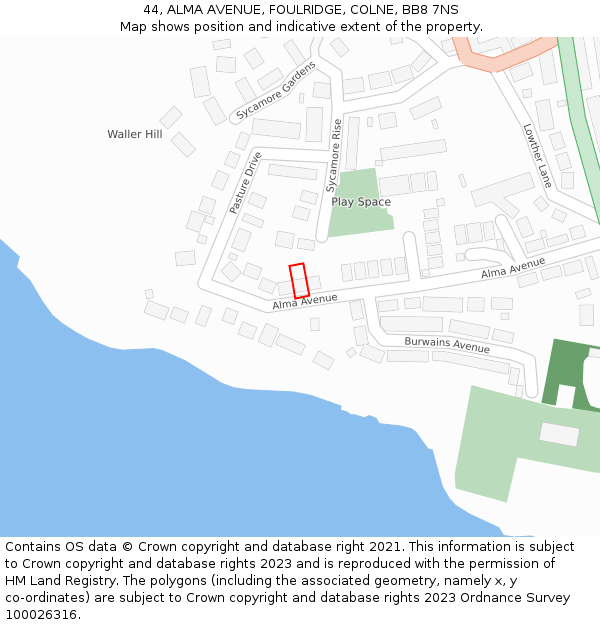 44, ALMA AVENUE, FOULRIDGE, COLNE, BB8 7NS: Location map and indicative extent of plot