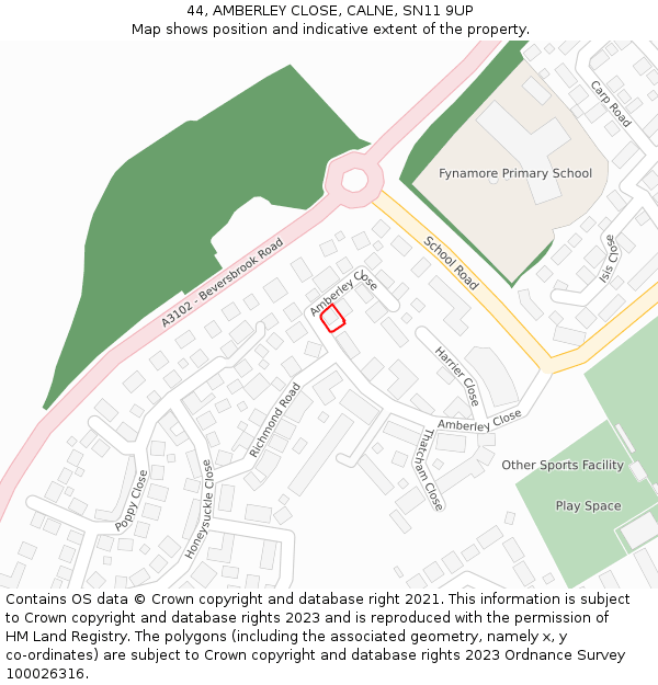 44, AMBERLEY CLOSE, CALNE, SN11 9UP: Location map and indicative extent of plot