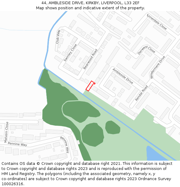 44, AMBLESIDE DRIVE, KIRKBY, LIVERPOOL, L33 2EF: Location map and indicative extent of plot