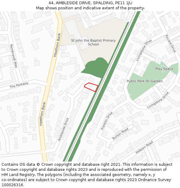 44, AMBLESIDE DRIVE, SPALDING, PE11 1JU: Location map and indicative extent of plot