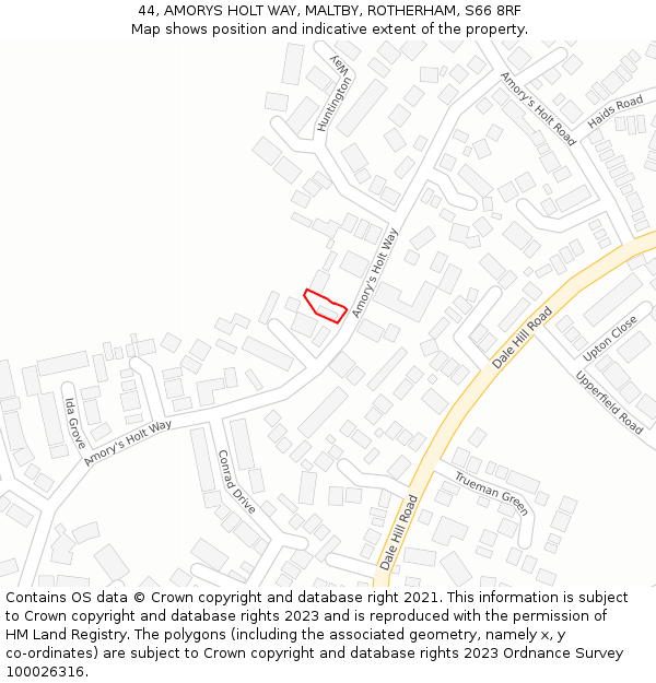 44, AMORYS HOLT WAY, MALTBY, ROTHERHAM, S66 8RF: Location map and indicative extent of plot