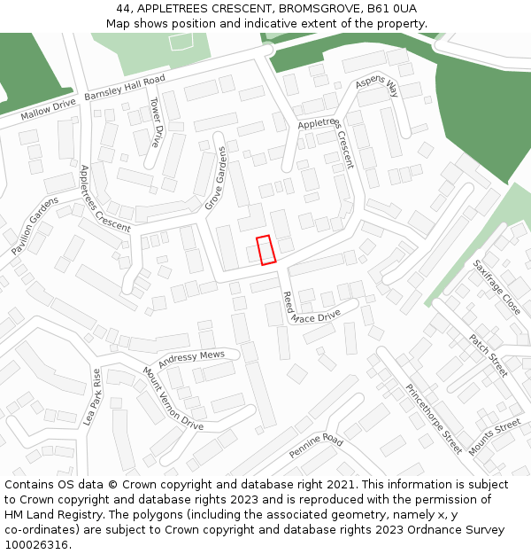 44, APPLETREES CRESCENT, BROMSGROVE, B61 0UA: Location map and indicative extent of plot