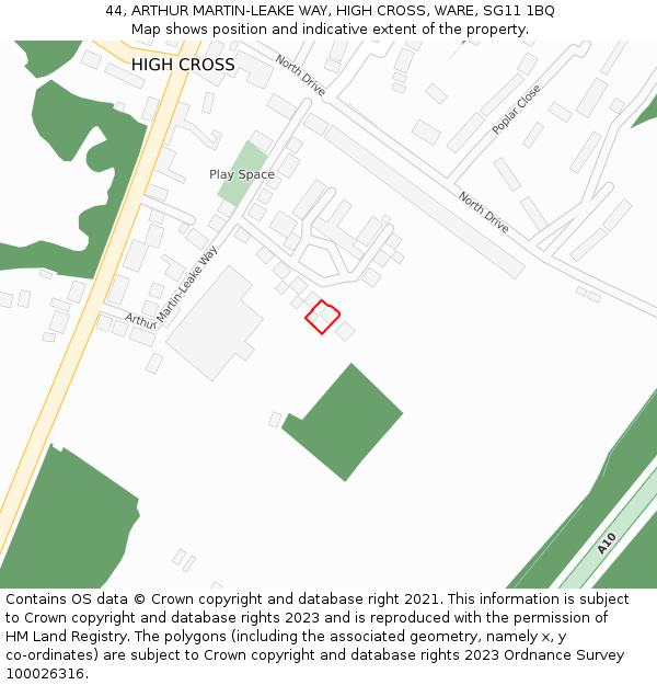 44, ARTHUR MARTIN-LEAKE WAY, HIGH CROSS, WARE, SG11 1BQ: Location map and indicative extent of plot