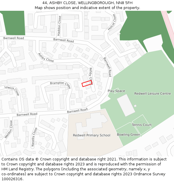 44, ASHBY CLOSE, WELLINGBOROUGH, NN8 5FH: Location map and indicative extent of plot