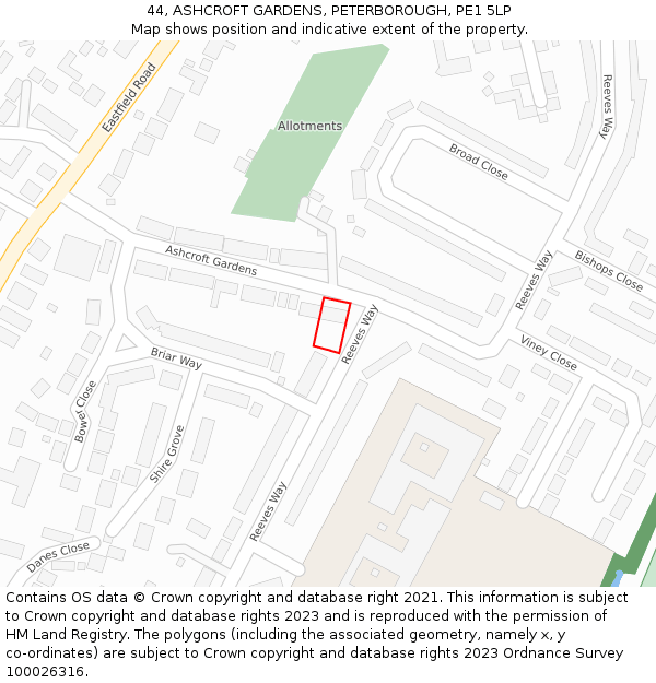 44, ASHCROFT GARDENS, PETERBOROUGH, PE1 5LP: Location map and indicative extent of plot