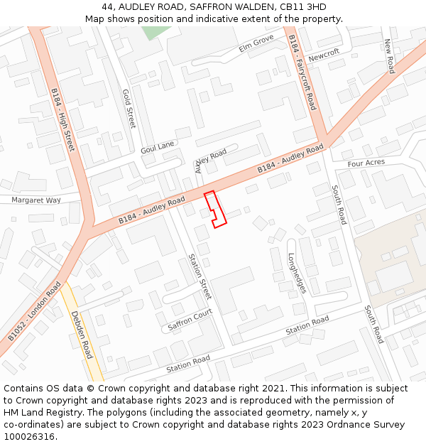 44, AUDLEY ROAD, SAFFRON WALDEN, CB11 3HD: Location map and indicative extent of plot