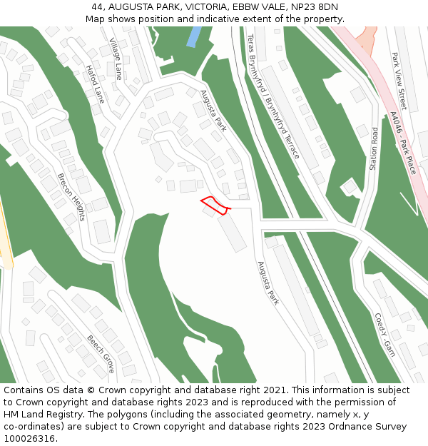 44, AUGUSTA PARK, VICTORIA, EBBW VALE, NP23 8DN: Location map and indicative extent of plot