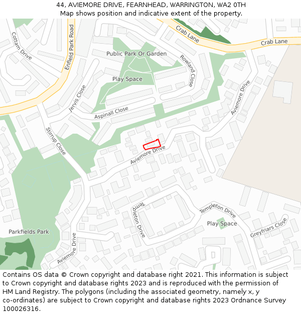 44, AVIEMORE DRIVE, FEARNHEAD, WARRINGTON, WA2 0TH: Location map and indicative extent of plot