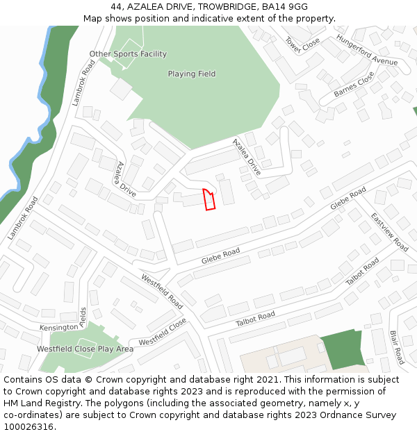 44, AZALEA DRIVE, TROWBRIDGE, BA14 9GG: Location map and indicative extent of plot