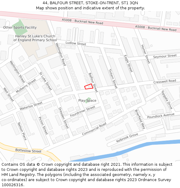 44, BALFOUR STREET, STOKE-ON-TRENT, ST1 3QN: Location map and indicative extent of plot