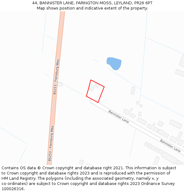 44, BANNISTER LANE, FARINGTON MOSS, LEYLAND, PR26 6PT: Location map and indicative extent of plot