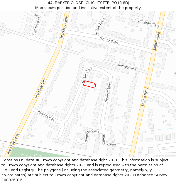 44, BARKER CLOSE, CHICHESTER, PO18 8BJ: Location map and indicative extent of plot