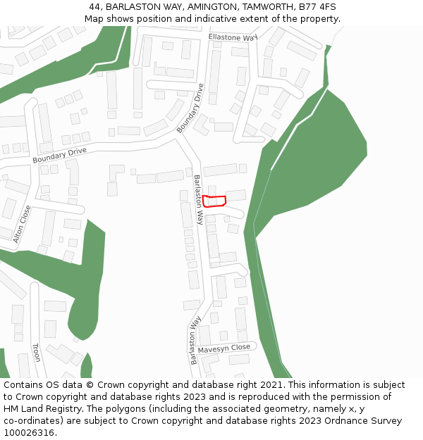 44, BARLASTON WAY, AMINGTON, TAMWORTH, B77 4FS: Location map and indicative extent of plot