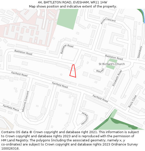 44, BATTLETON ROAD, EVESHAM, WR11 1HW: Location map and indicative extent of plot