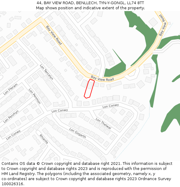 44, BAY VIEW ROAD, BENLLECH, TYN-Y-GONGL, LL74 8TT: Location map and indicative extent of plot
