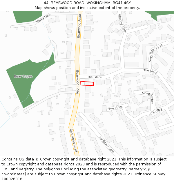 44, BEARWOOD ROAD, WOKINGHAM, RG41 4SY: Location map and indicative extent of plot