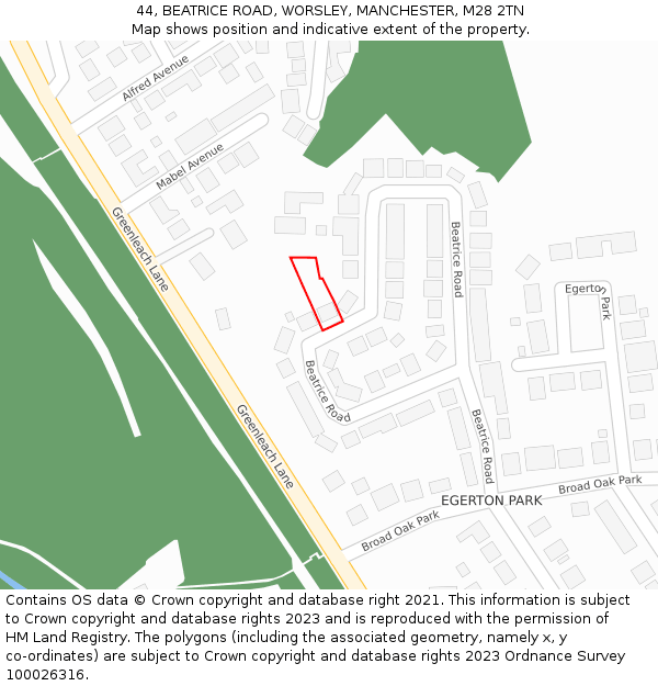 44, BEATRICE ROAD, WORSLEY, MANCHESTER, M28 2TN: Location map and indicative extent of plot