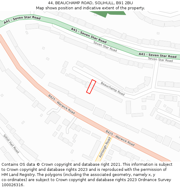 44, BEAUCHAMP ROAD, SOLIHULL, B91 2BU: Location map and indicative extent of plot