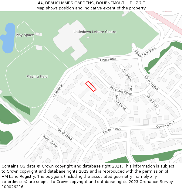 44, BEAUCHAMPS GARDENS, BOURNEMOUTH, BH7 7JE: Location map and indicative extent of plot