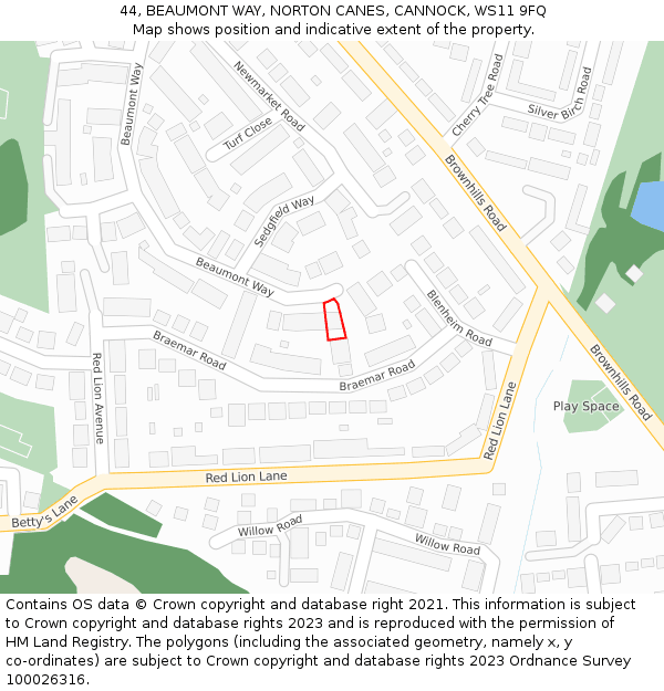 44, BEAUMONT WAY, NORTON CANES, CANNOCK, WS11 9FQ: Location map and indicative extent of plot