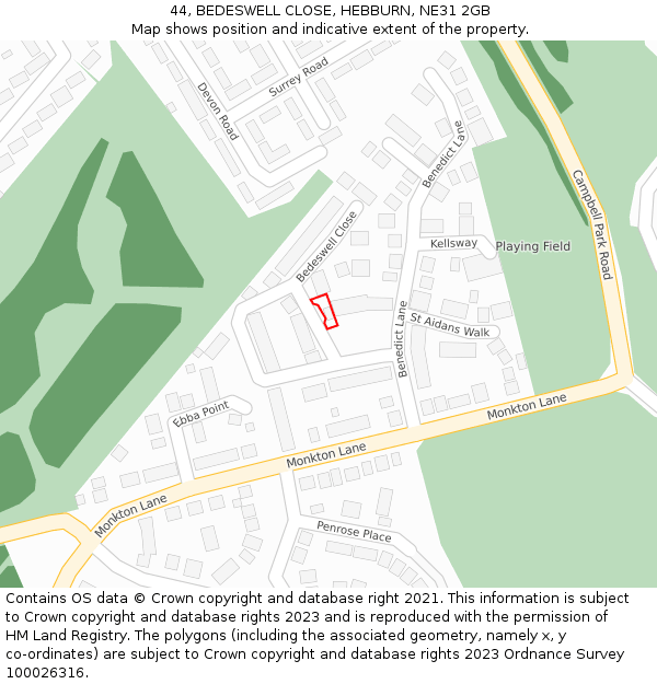 44, BEDESWELL CLOSE, HEBBURN, NE31 2GB: Location map and indicative extent of plot