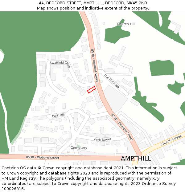 44, BEDFORD STREET, AMPTHILL, BEDFORD, MK45 2NB: Location map and indicative extent of plot