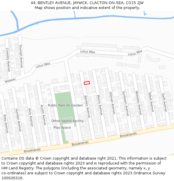 44, BENTLEY AVENUE, JAYWICK, CLACTON-ON-SEA, CO15 2JW: Location map and indicative extent of plot