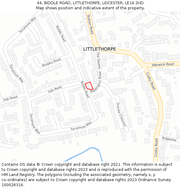 44, BIDDLE ROAD, LITTLETHORPE, LEICESTER, LE19 2HD: Location map and indicative extent of plot