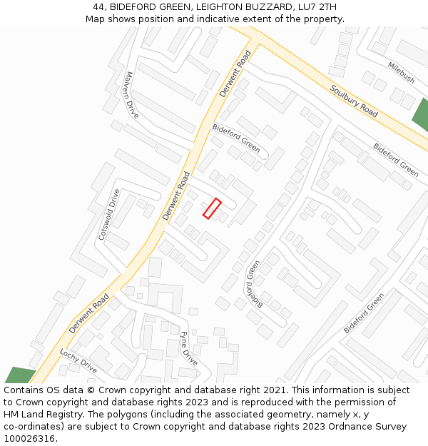 44, BIDEFORD GREEN, LEIGHTON BUZZARD, LU7 2TH: Location map and indicative extent of plot