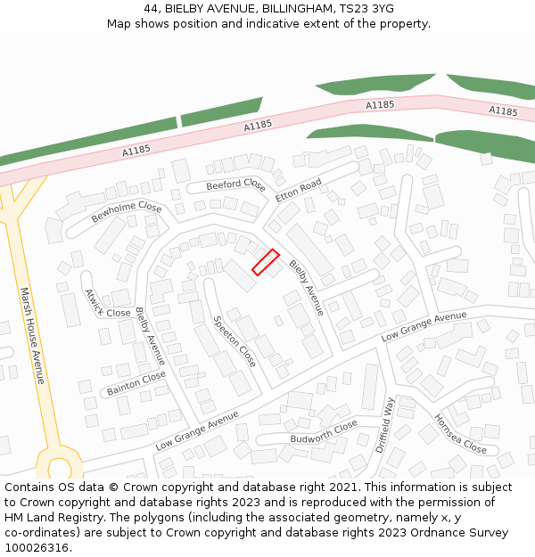 44, BIELBY AVENUE, BILLINGHAM, TS23 3YG: Location map and indicative extent of plot