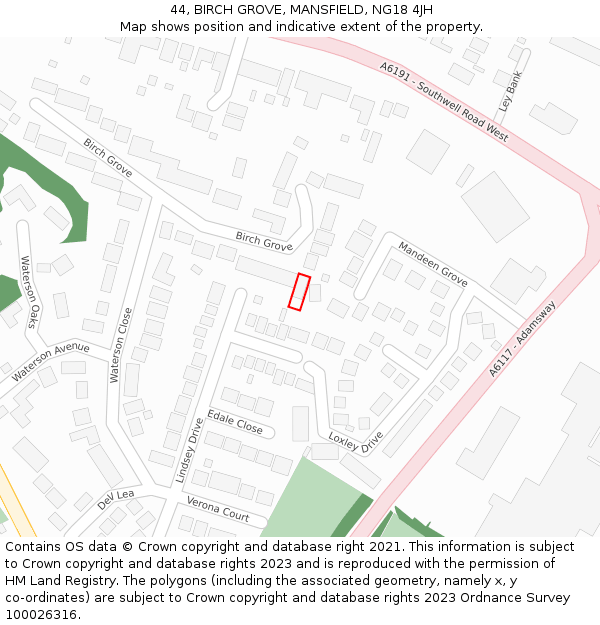 44, BIRCH GROVE, MANSFIELD, NG18 4JH: Location map and indicative extent of plot